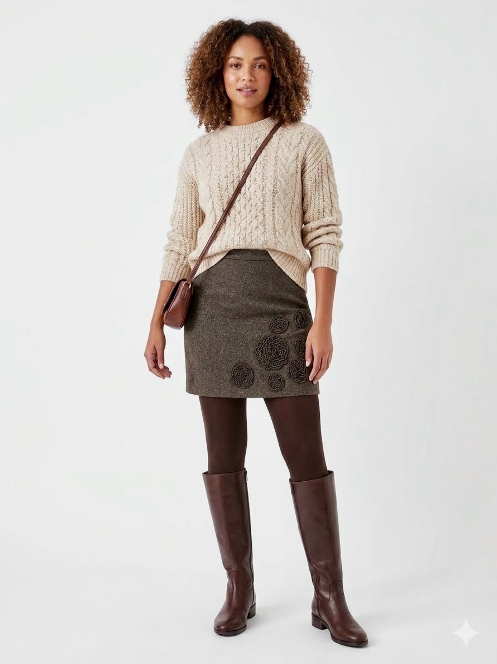 LOFT Speckled Brown Tweed Embellished A-Line Mini Skirt